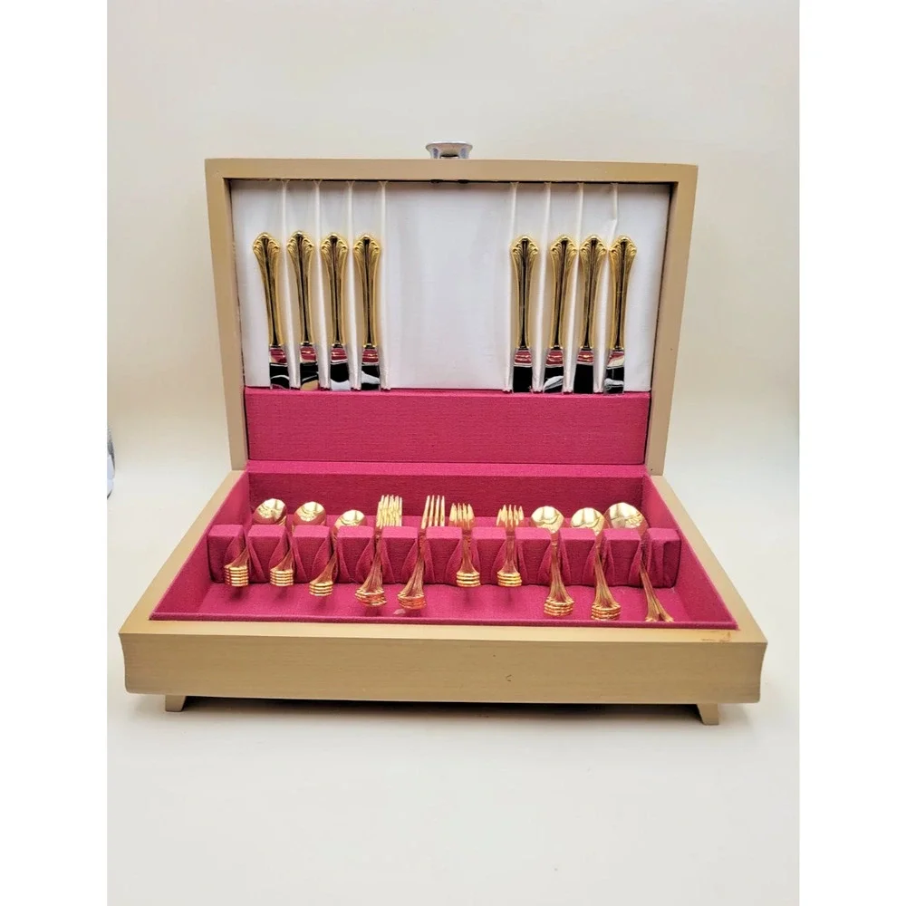 Supreme Cutlery Gold Tone Stainless Japan Flatware Set w/ Wood Case Set of 51